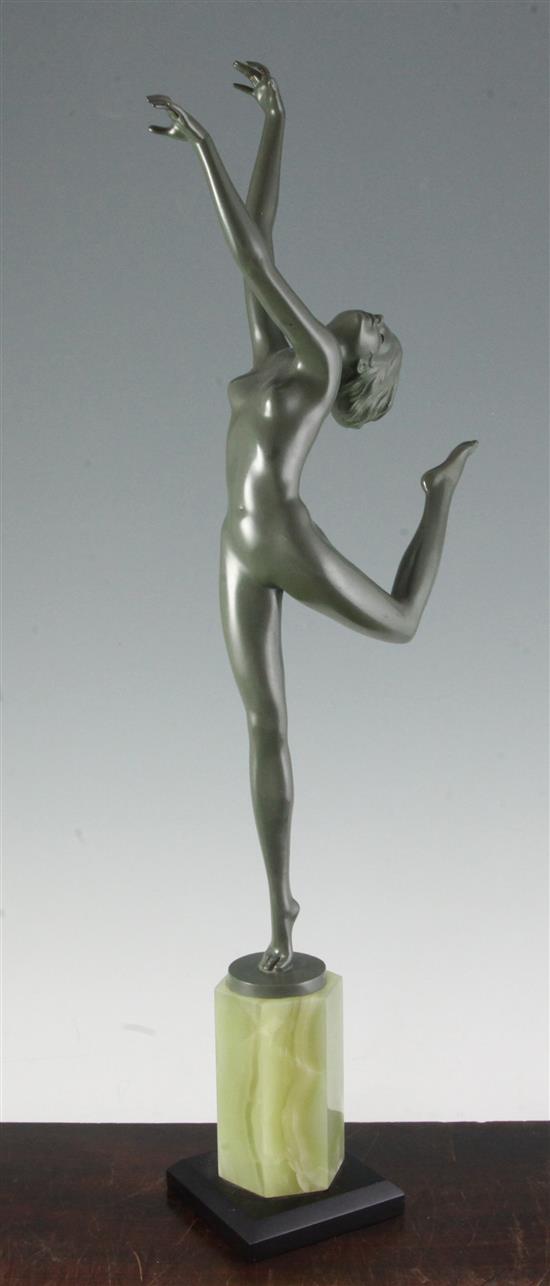 Josef Lorenzl. A green patinated bronze figure of a nude dancer, H. 26in. overall